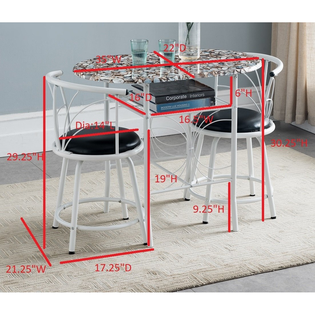 Spiky 3 Piece Kitchen Dinette Breakfast Set, Black Metal Frame With Cobblestone Wood Top
