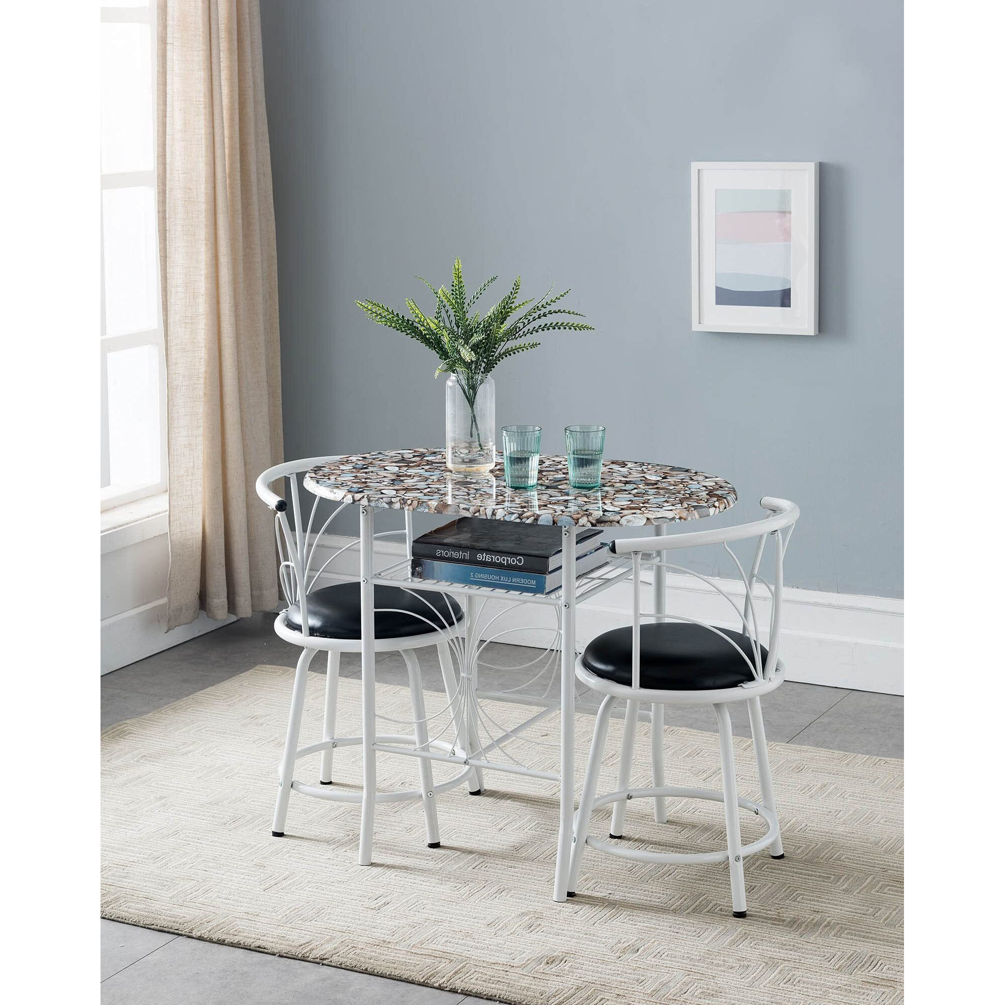 Spiky 3 Piece Kitchen Dinette Breakfast Set, White Metal Frame With Cobblestone Wood Top