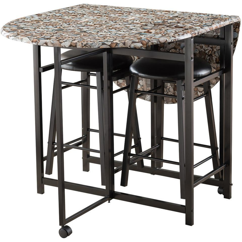 Spiky 3 Piece Kitchen Dinette Breakfast Pub Set, Black Metal Frame With Cobblestone Wood Top