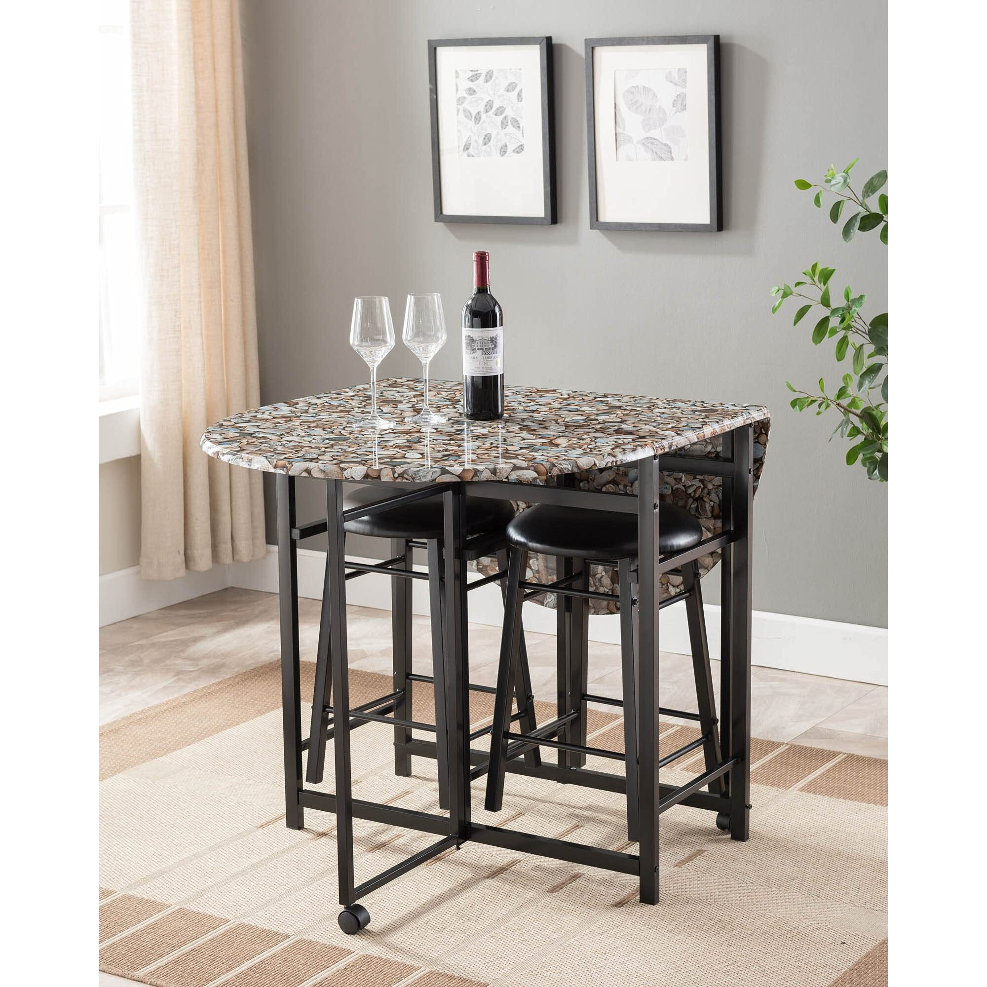 Spiky 3 Piece Kitchen Dinette Breakfast Pub Set, Black Metal Frame With Cobblestone Wood Top