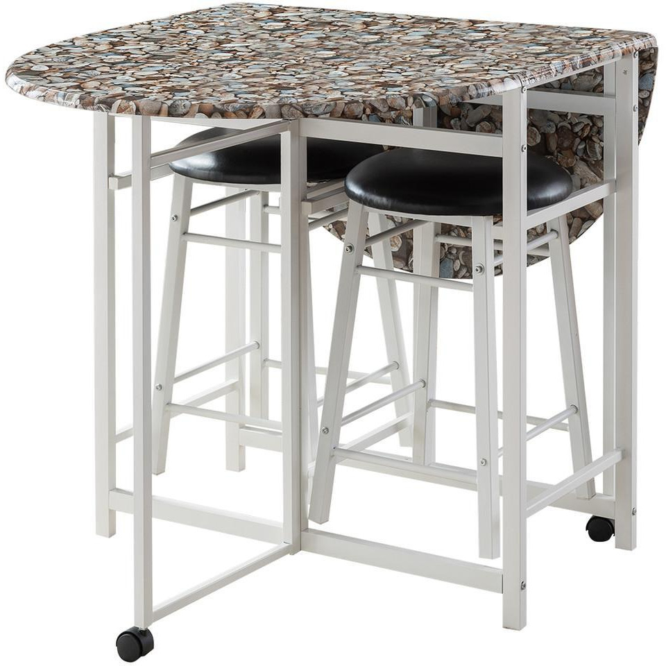 Spiky 3 Piece Kitchen Dinette Breakfast Pub Set, White Metal Frame With Cobblestone Wood Top