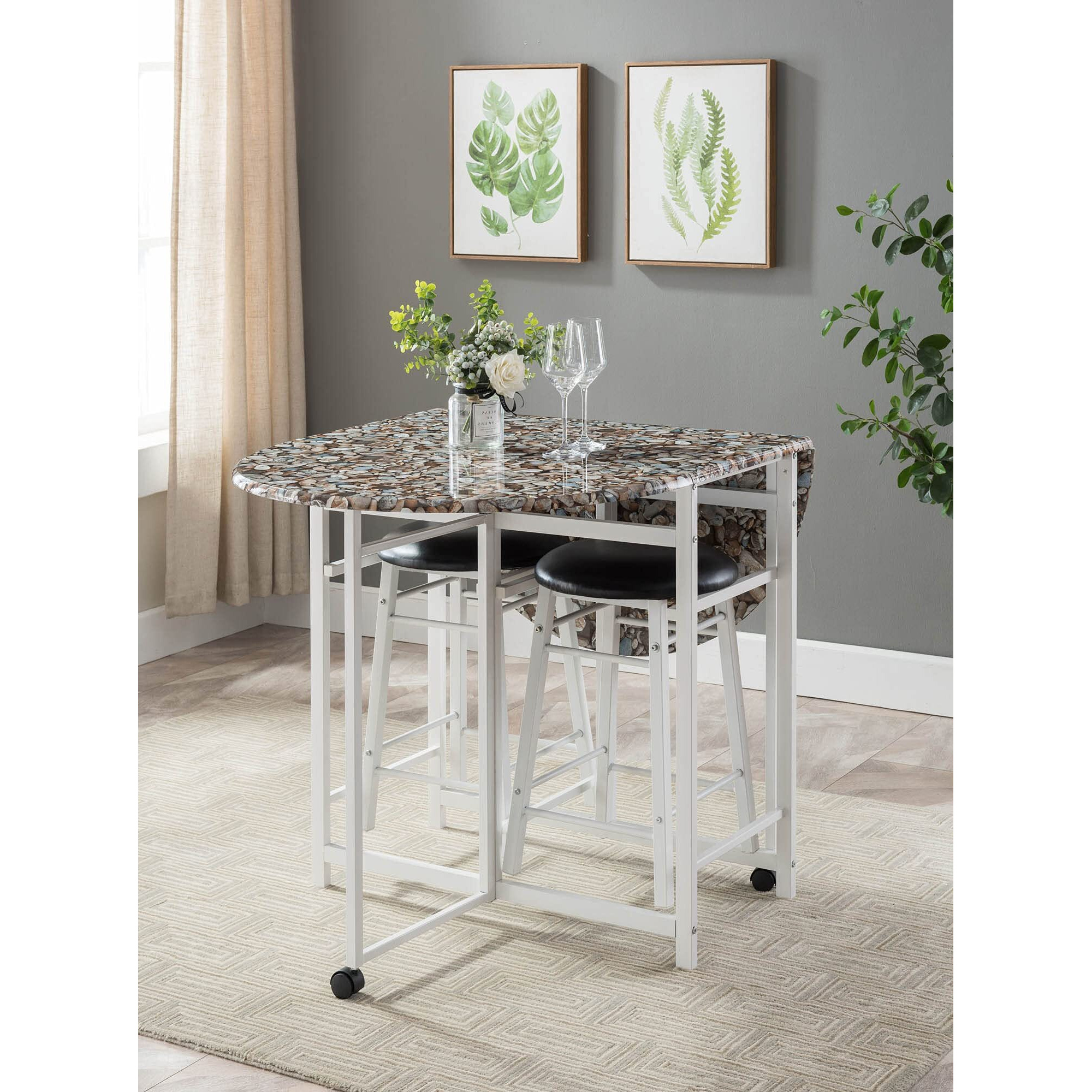 Spiky 3 Piece Kitchen Dinette Breakfast Pub Set, White Metal Frame With Cobblestone Wood Top