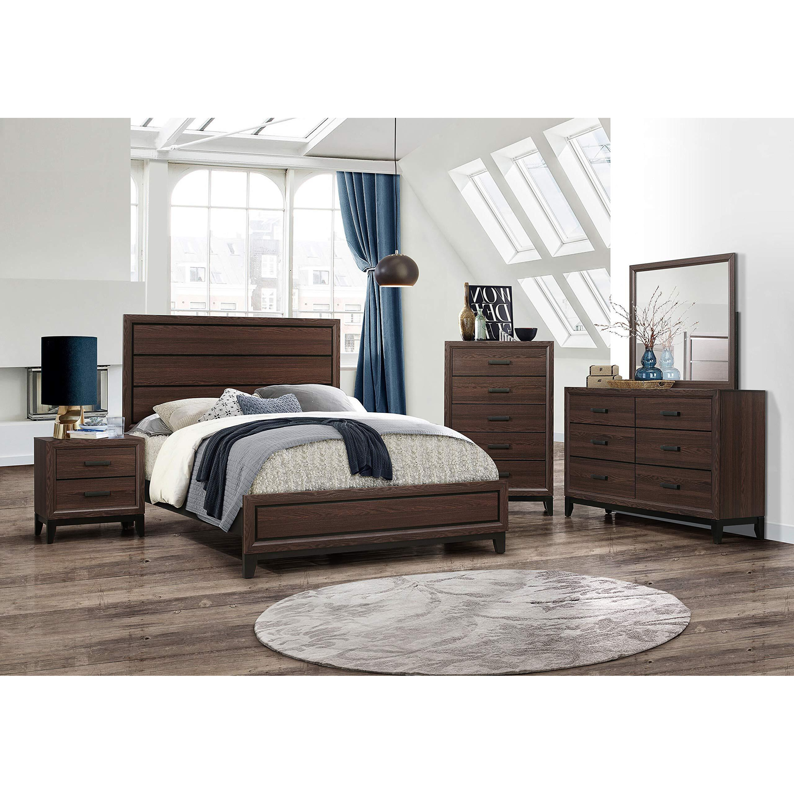 Asheville 4 Piece Bedroom Set, Queen, Brown Wood, Modern (Panel Bed, Dresser, Mirror, 1 Nightstand)