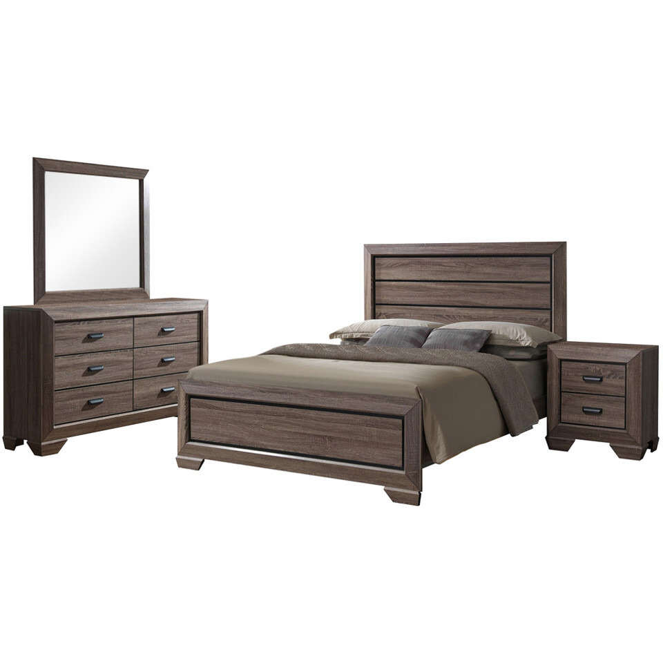 Jardena 4 Piece Bedroom Set, Queen, Brown Wood, Modern (Panel Bed, Dresser, Mirror, 1 Nightstand)