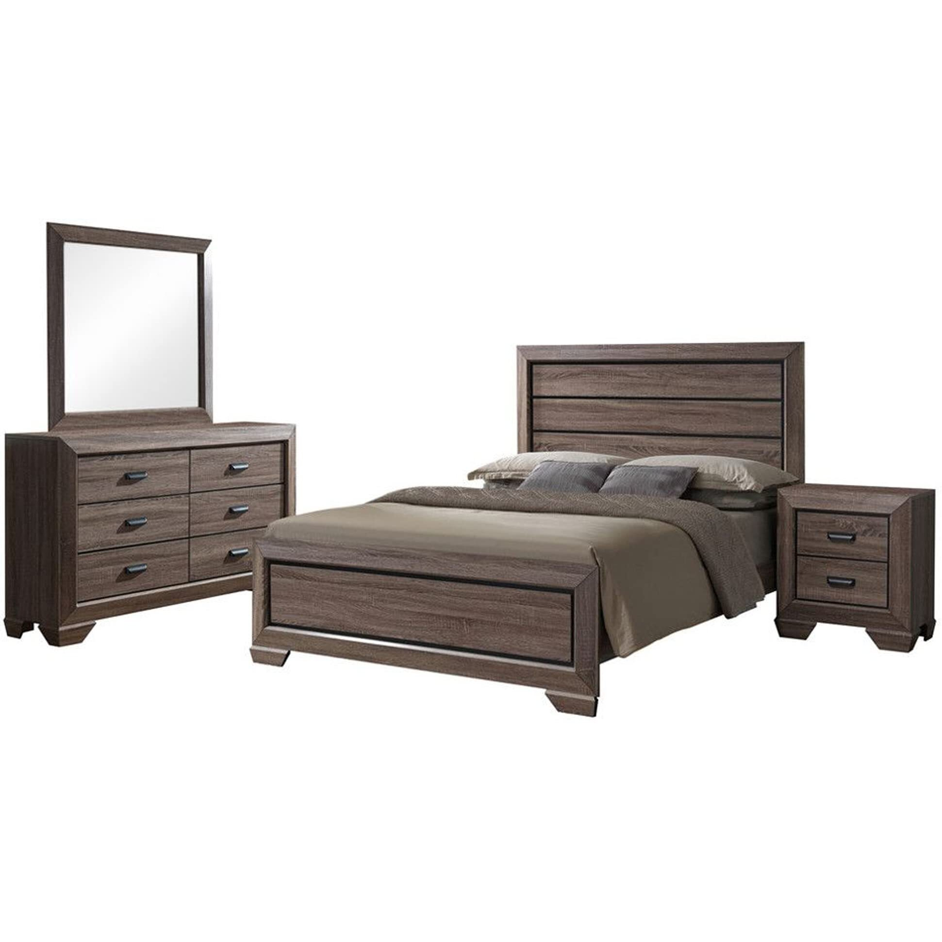 Jardena 4 Piece Bedroom Set, Queen, Brown Wood, Modern (Panel Bed, Dresser, Mirror, 1 Nightstand)