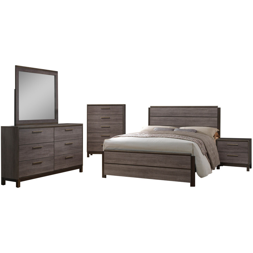 Dansville 5 Piece Bedroom Set, Queen, Antique Gray Wood, Modern (Panel Bed, Dresser, Mirror, Chest, 1 Nightstand)