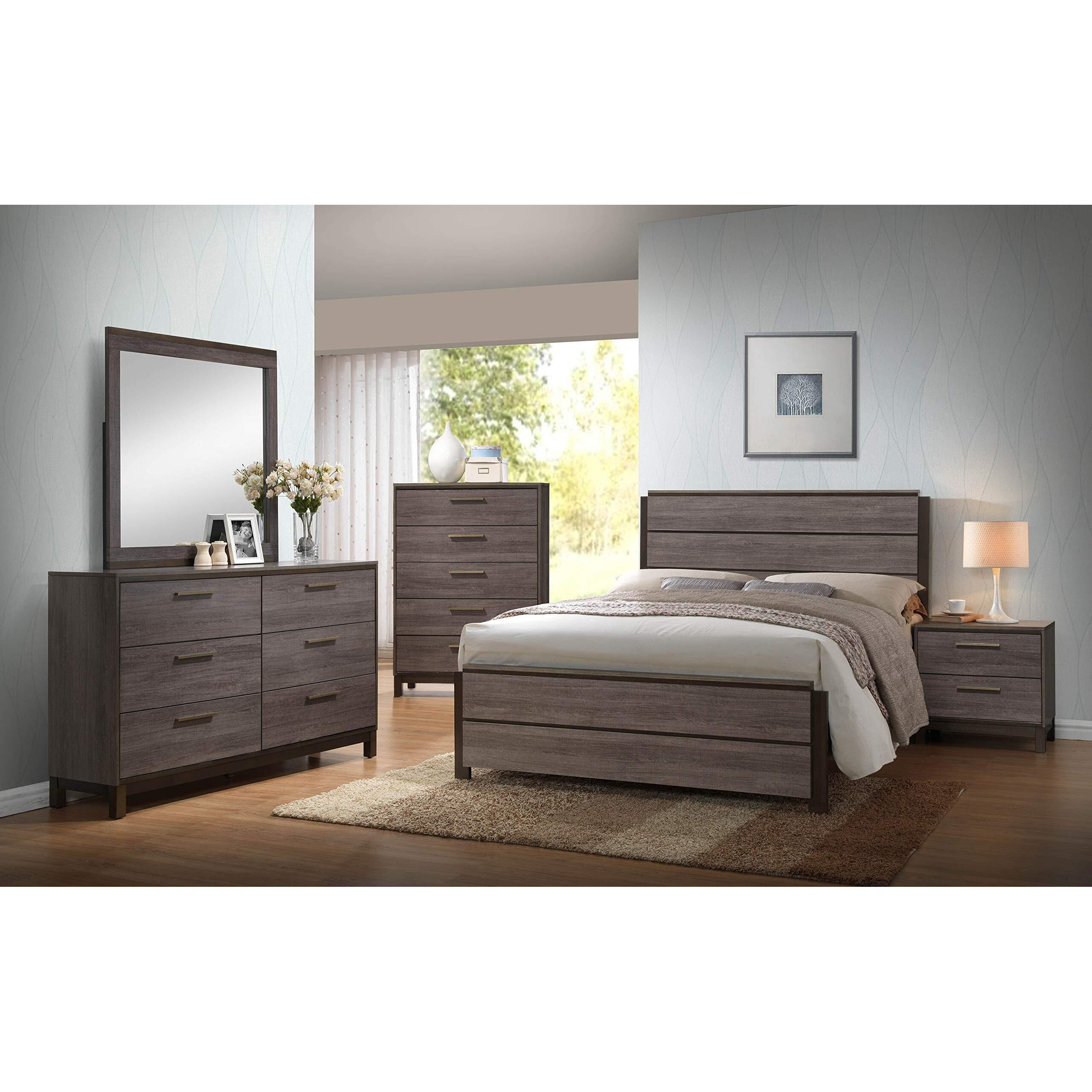 Dansville 5 Piece Bedroom Set, Queen, Antique Gray Wood, Modern (Panel Bed, Dresser, Mirror, Chest, 1 Nightstand)