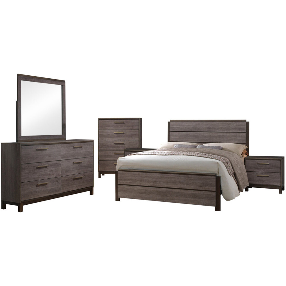 Dansville 6 Piece Bedroom Set, Queen, Antique Gray Wood, Modern (Panel Bed, Dresser, Mirror, Chest, 2 Nightstands)