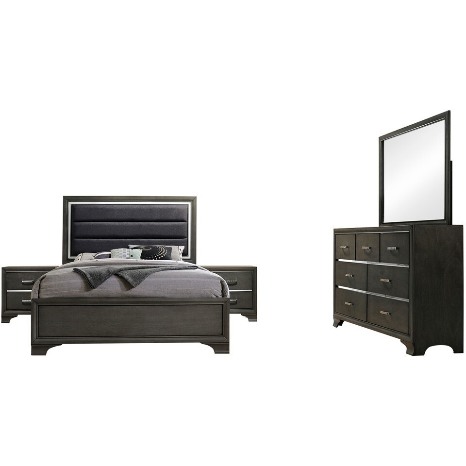 Sonata 5 Piece Bedroom Set, King, Gray Wood, Modern (Upholstered Panel Bed, Dresser, Mirror, 2 Nightstands)