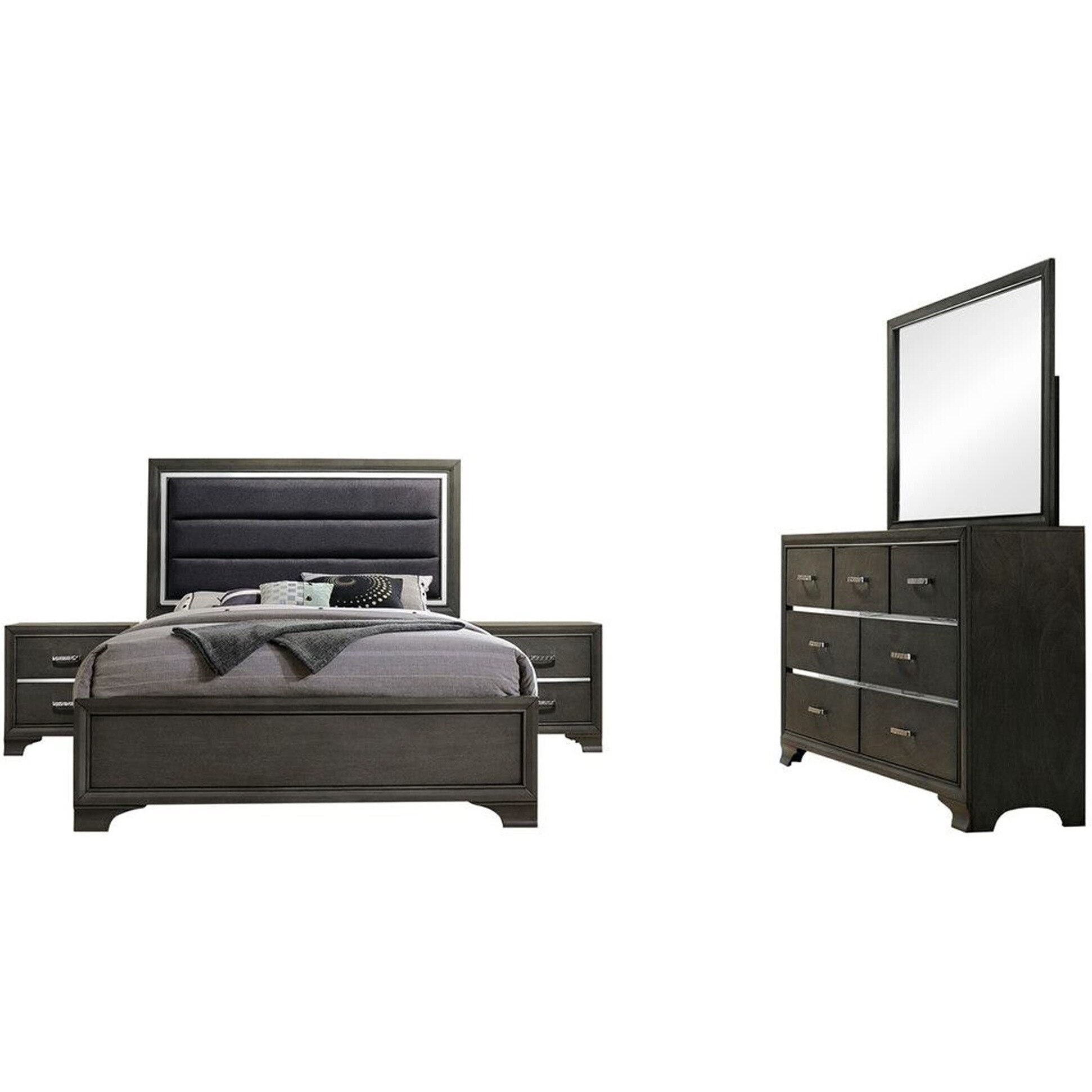 Sonata 5 Piece Bedroom Set, King, Gray Wood, Modern (Upholstered Panel Bed, Dresser, Mirror, 2 Nightstands)