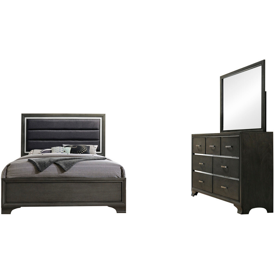 Sonata 3 Piece Bedroom Set, Queen, Gray Wood, Modern (Upholstered Panel Bed, Dresser & Mirror)