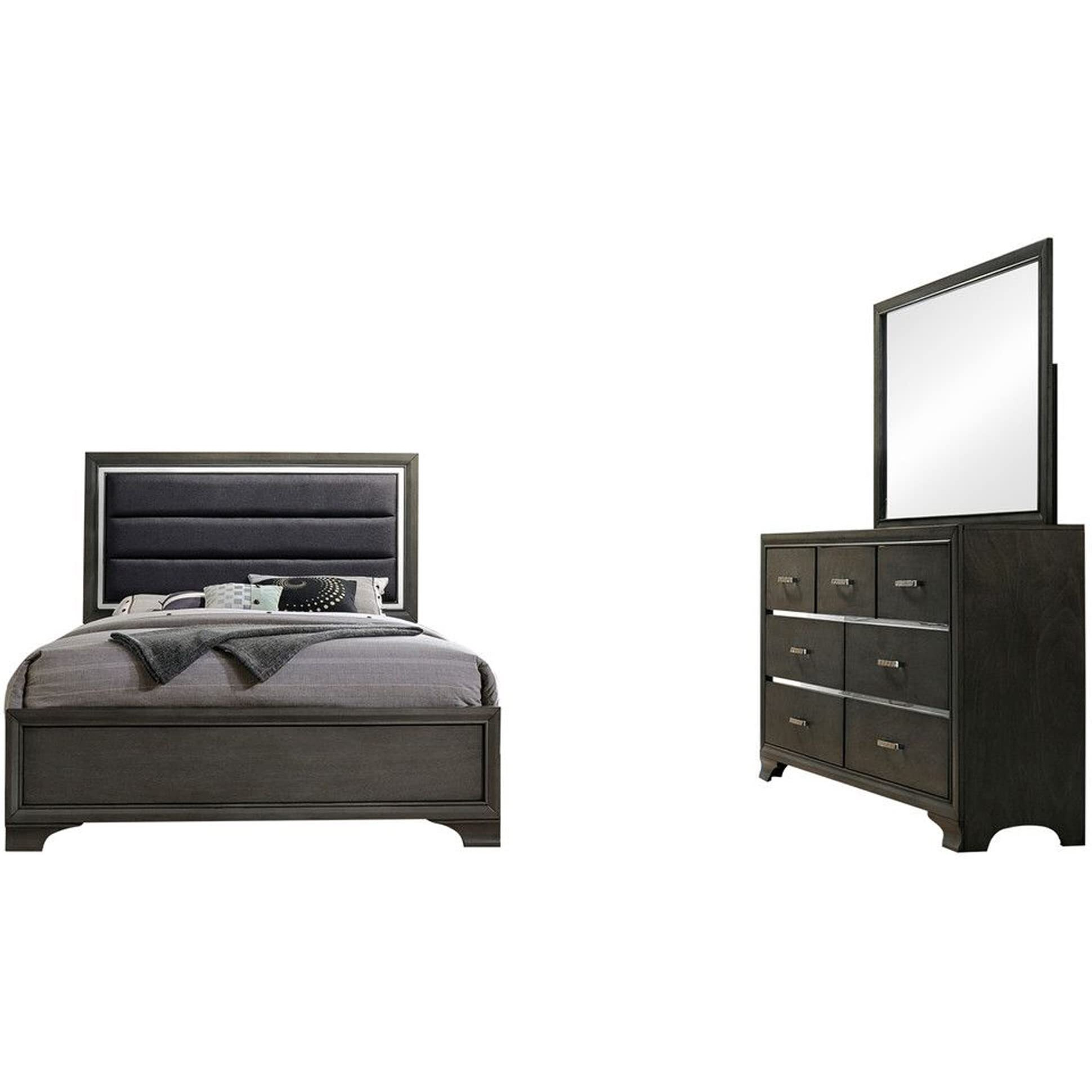 Sonata 3 Piece Bedroom Set, Queen, Gray Wood, Modern (Upholstered Panel Bed, Dresser & Mirror)