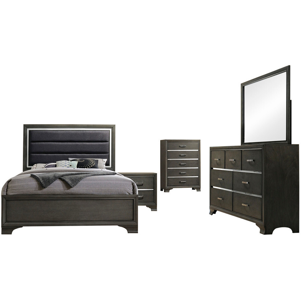 Sonata 5 Piece Bedroom Set, Queen, Gray Wood, Modern (Upholstered Panel Bed, Dresser, Mirror, Chest, 1 Nightstand)