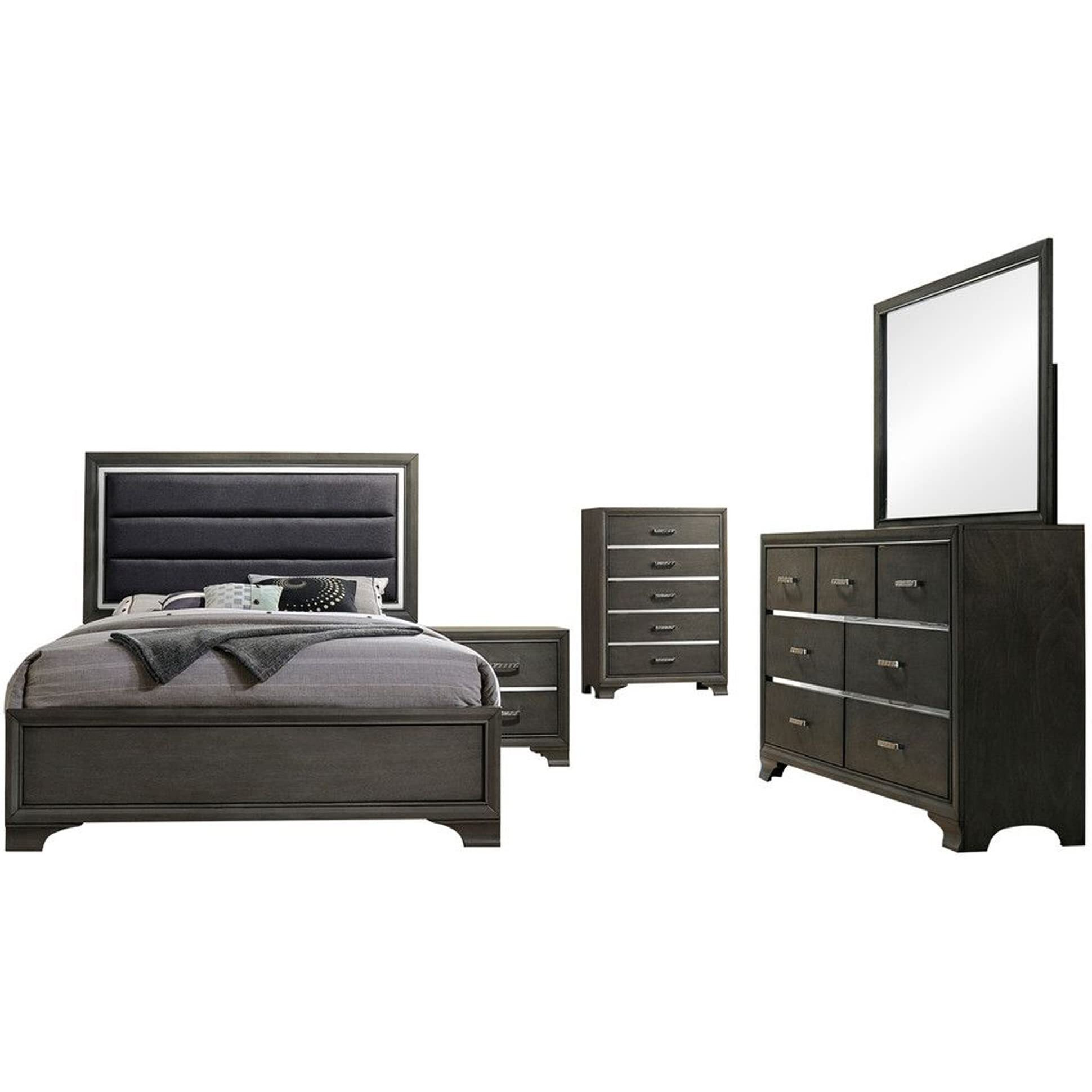 Sonata 5 Piece Bedroom Set, Queen, Gray Wood, Modern (Upholstered Panel Bed, Dresser, Mirror, Chest, 1 Nightstand)