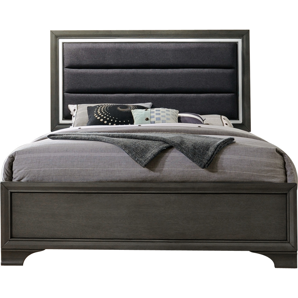 Sonata 5 Piece Bedroom Set, Queen, Gray Wood, Modern (Upholstered Panel Bed, Dresser, Mirror, Chest, 1 Nightstand)