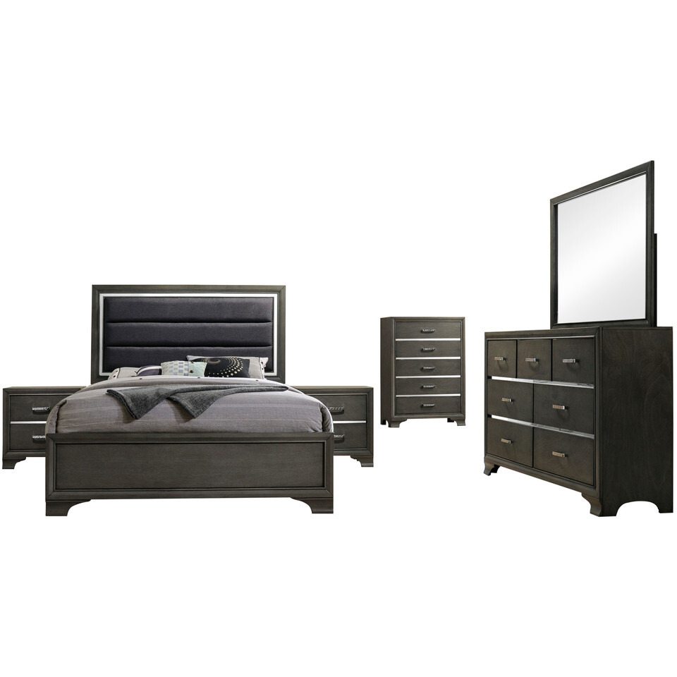 Sonata 6 Piece Bedroom Set, Queen, Gray Wood, Modern (Upholstered Panel Bed, Dresser, Mirror, Chest, 2 Nightstands)