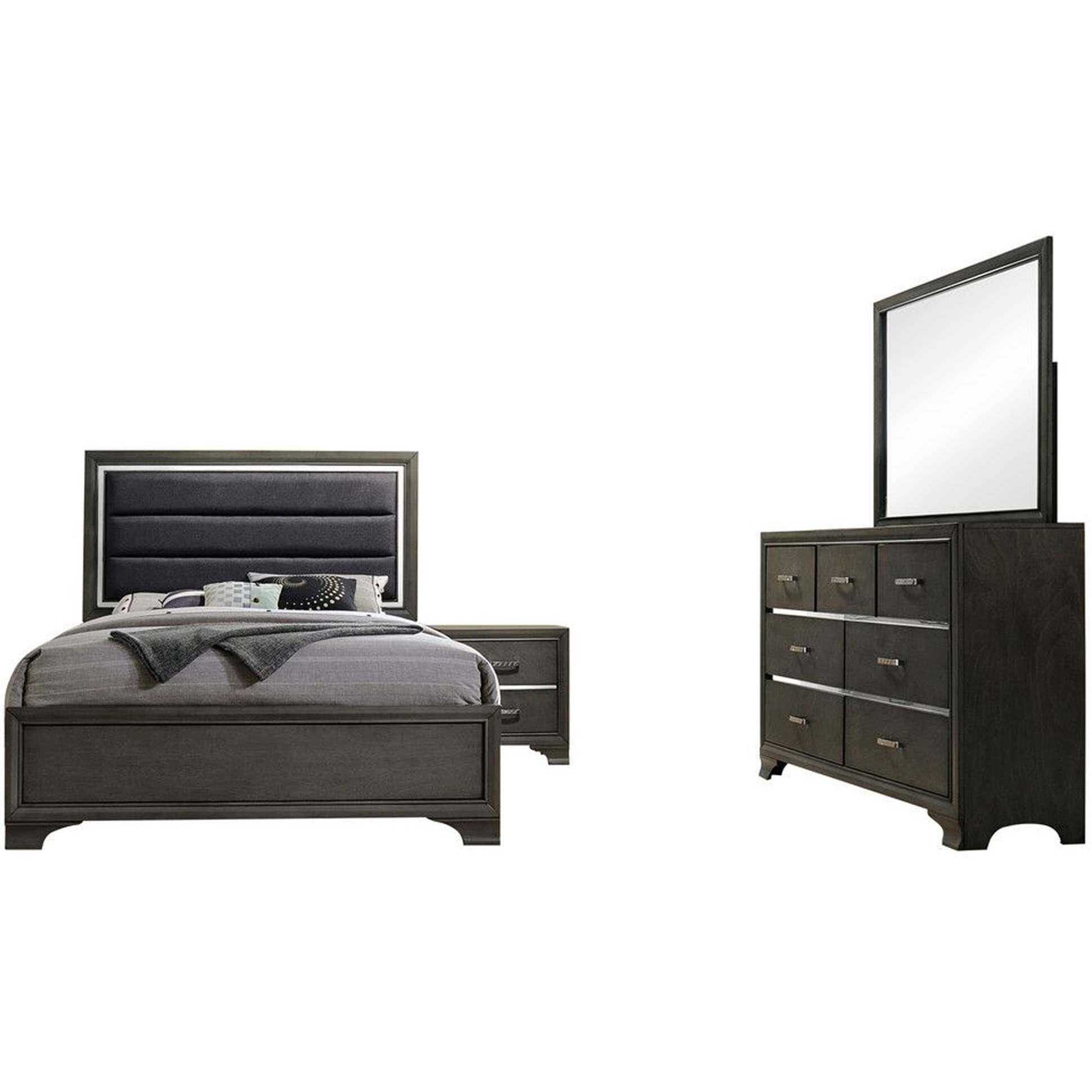 Sonata 4 Piece Bedroom Set, Queen, Gray Wood, Modern (Upholstered Panel Bed, Dresser, Mirror, 1 Nightstand)