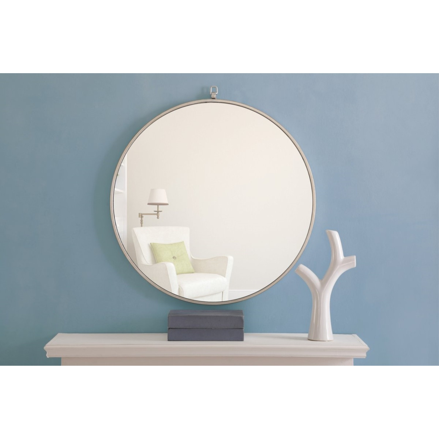 Metal frame Round Mirror with decorative hook 28 inch Silver finish