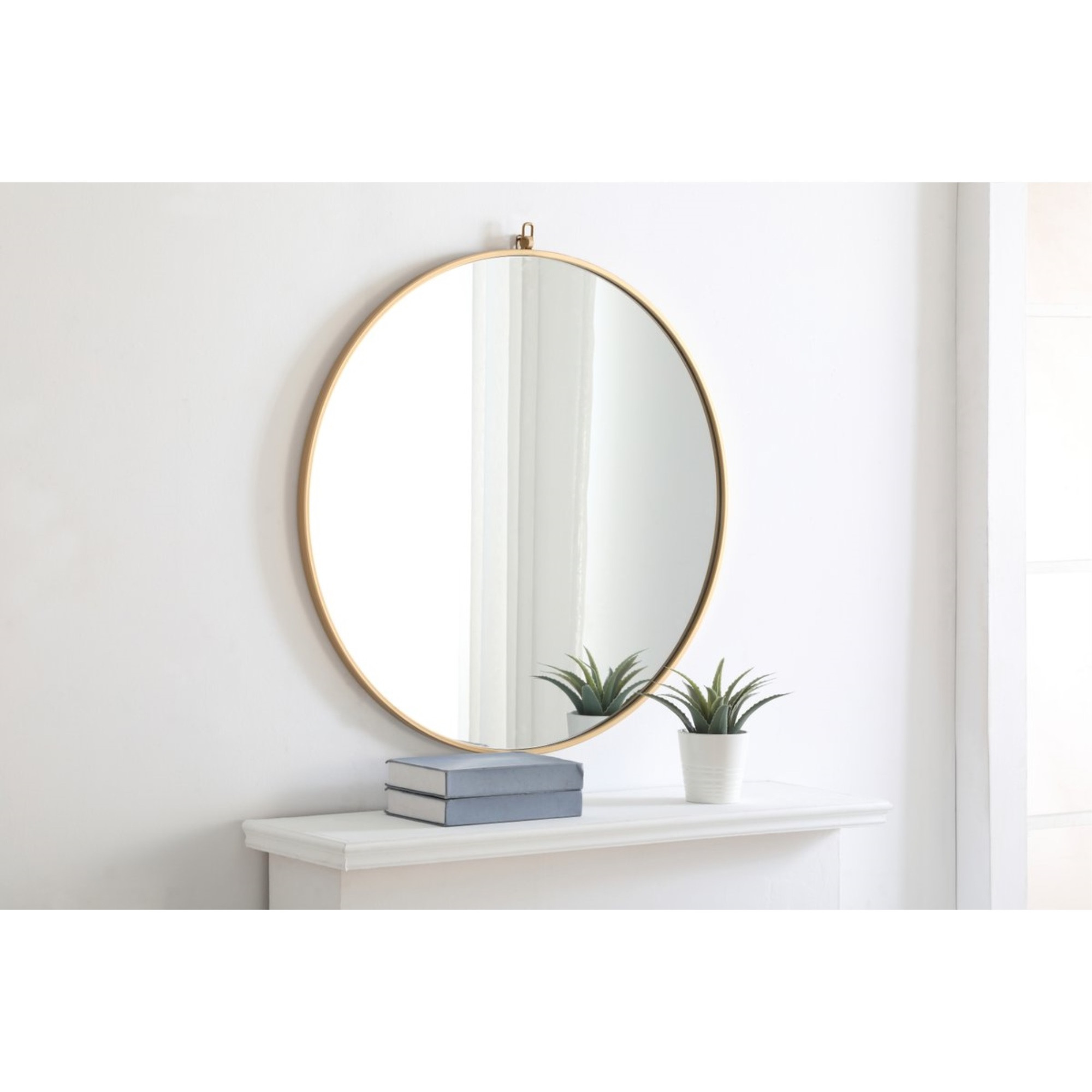 Metal frame Round Mirror with decorative hook 32 inch Brass finish