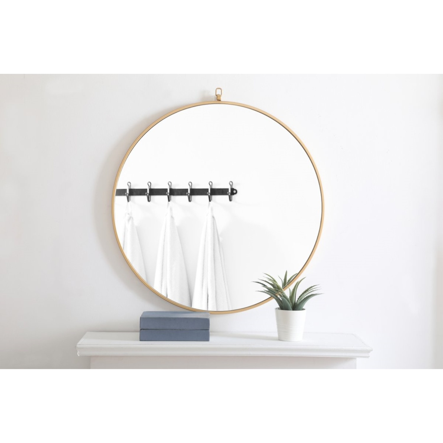 Metal frame Round Mirror with decorative hook 32 inch Brass finish
