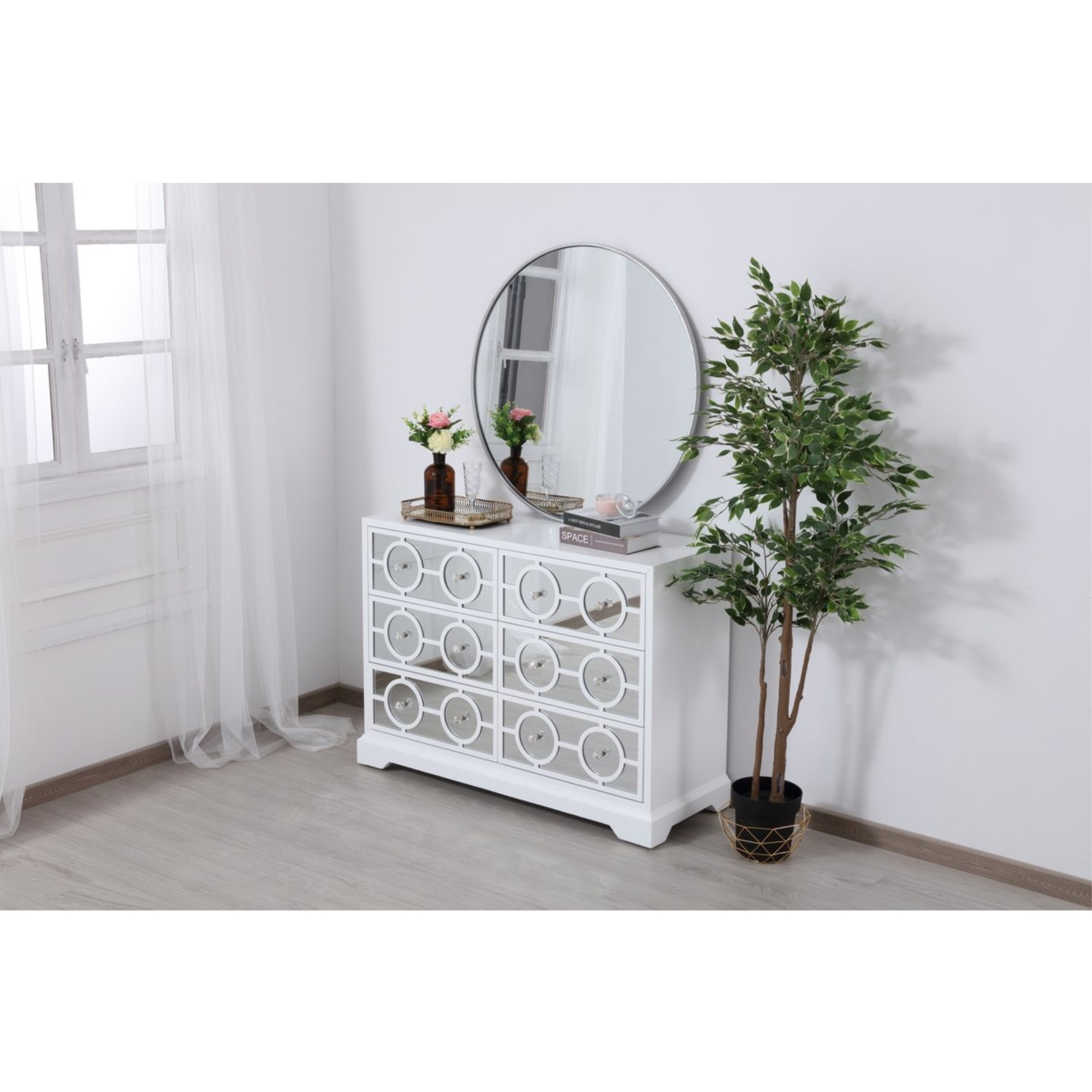 48 in. mirrored six drawer cabinet in white