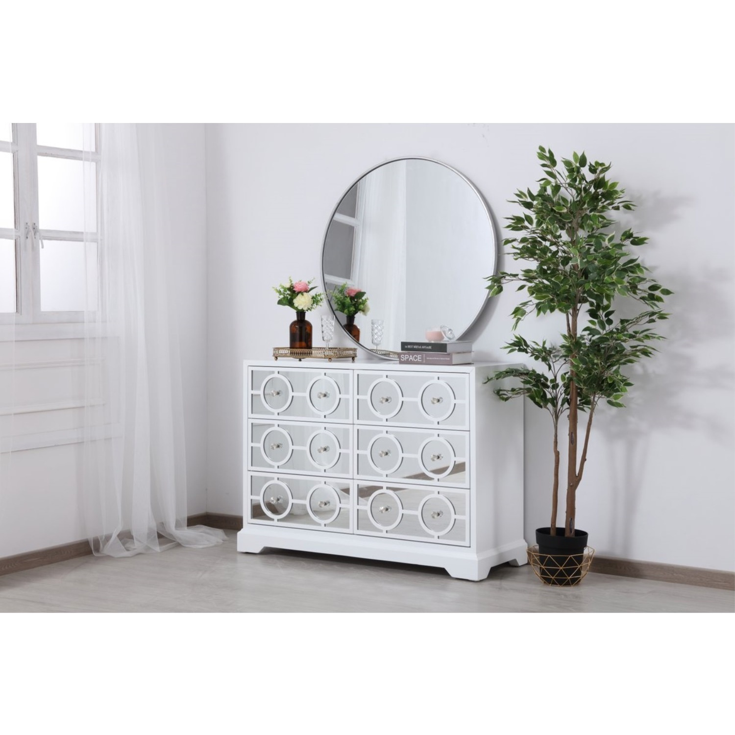 48 in. mirrored six drawer cabinet in white
