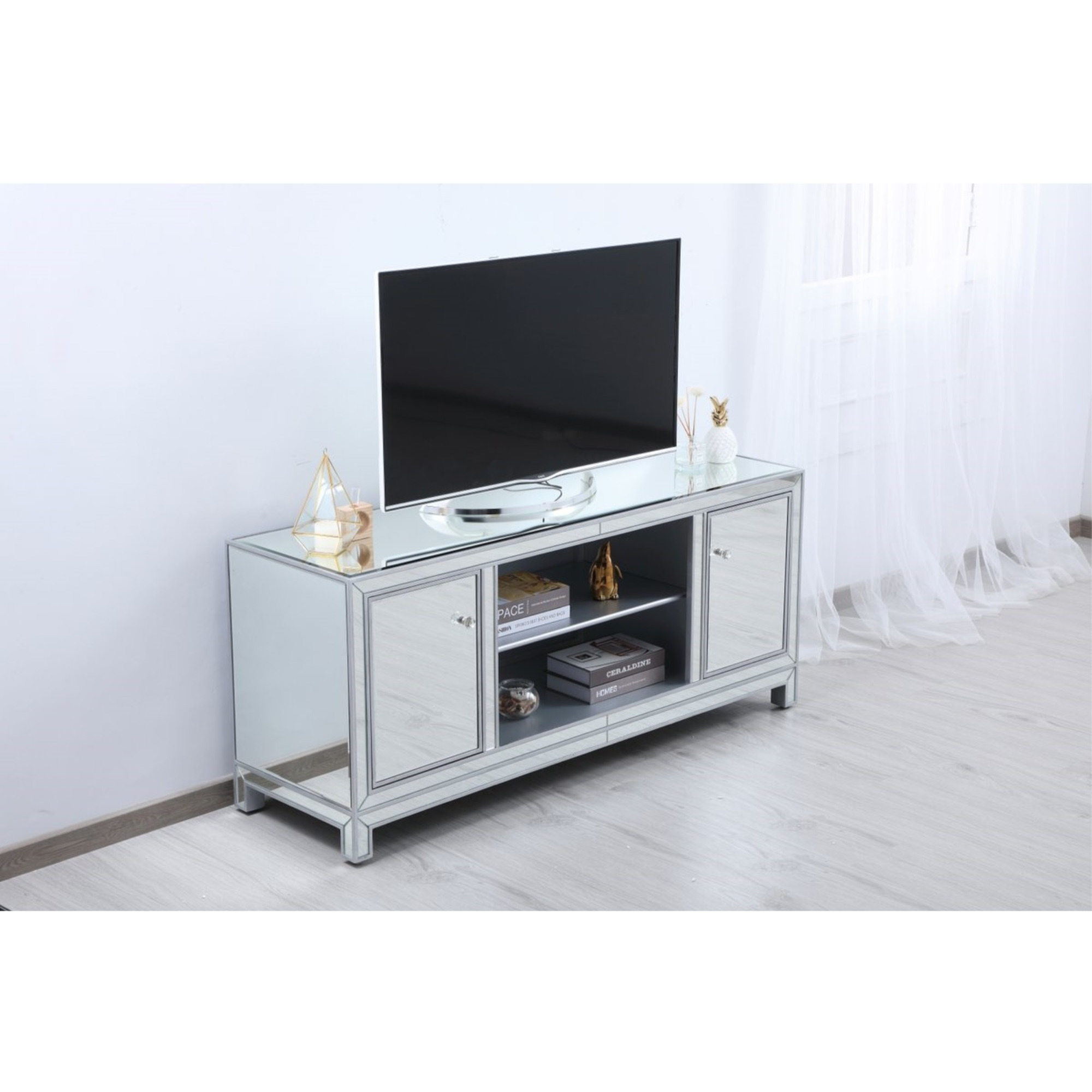 60 in. mirrored TV stand in antique silver