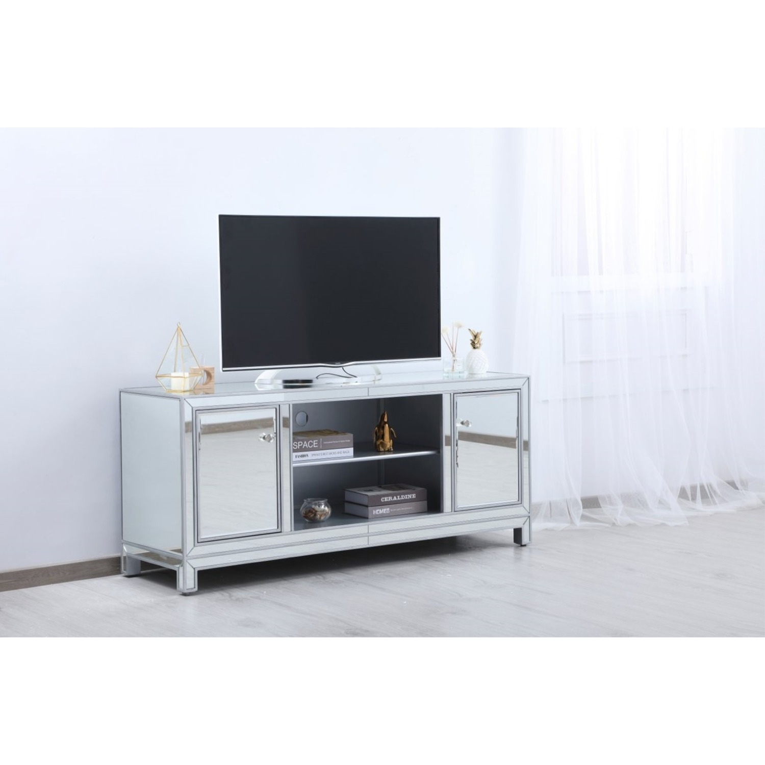 60 in. mirrored TV stand in antique silver