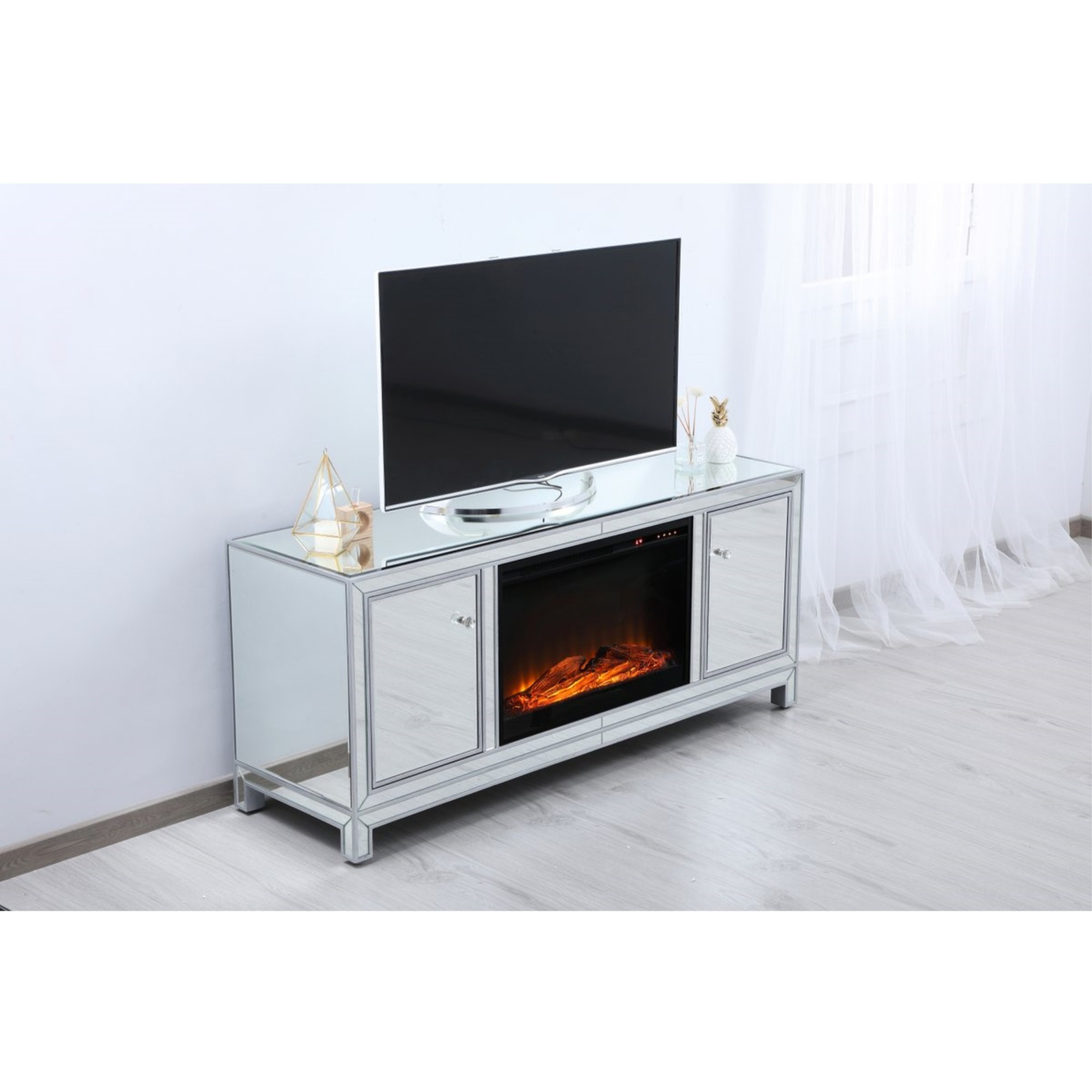 60 in. mirrored TV stand with wood fireplace insert in antique silver