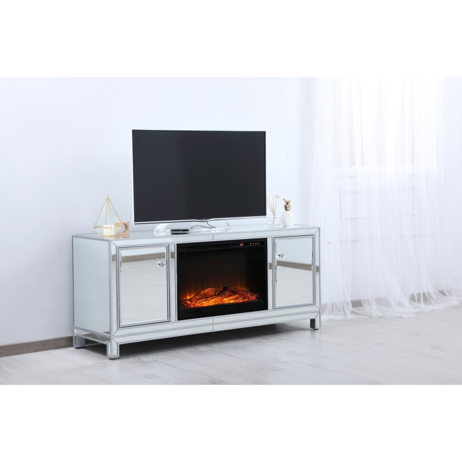 60 in. mirrored TV stand with wood fireplace insert in antique silver