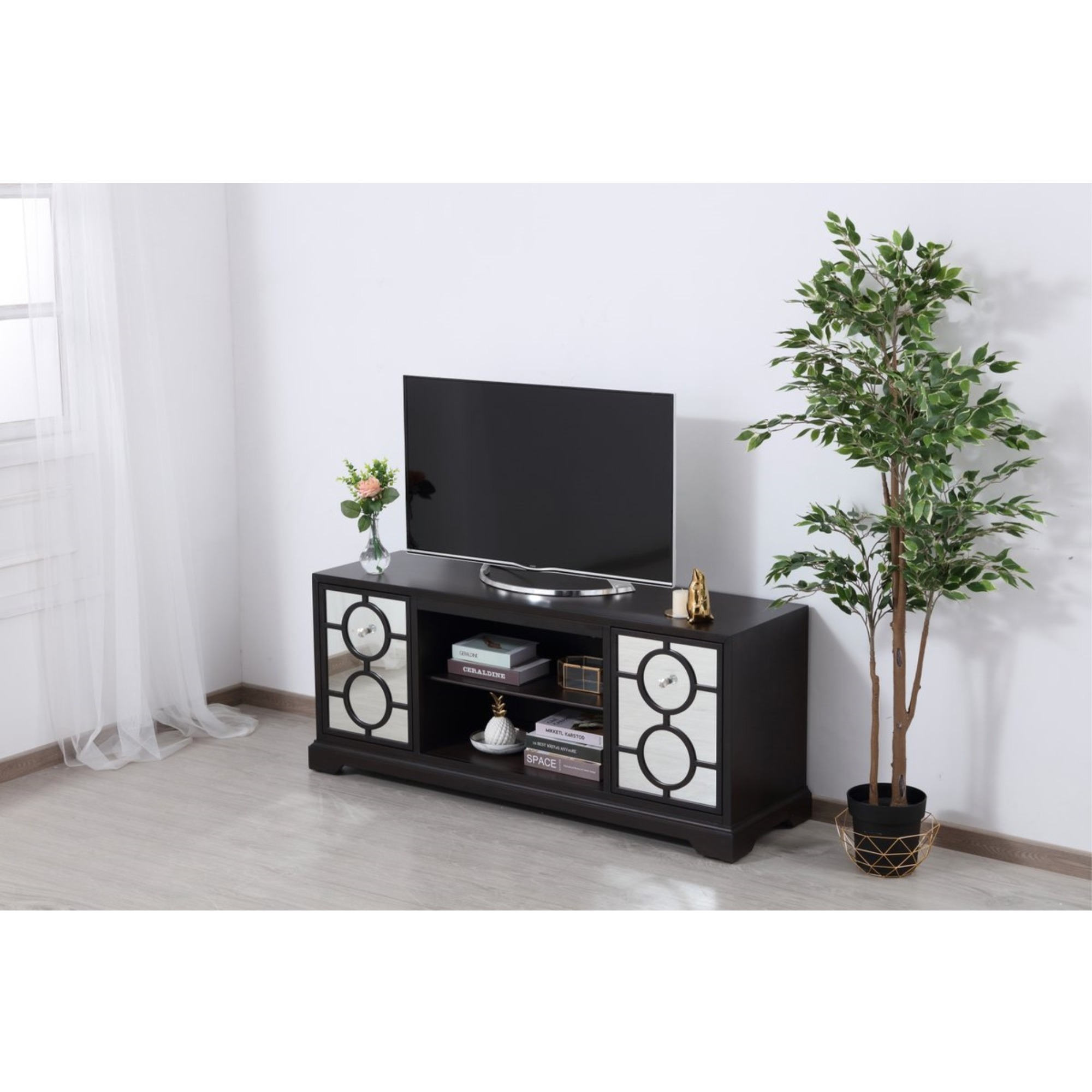 60 in. mirrored TV cabinet stand in dark walnut