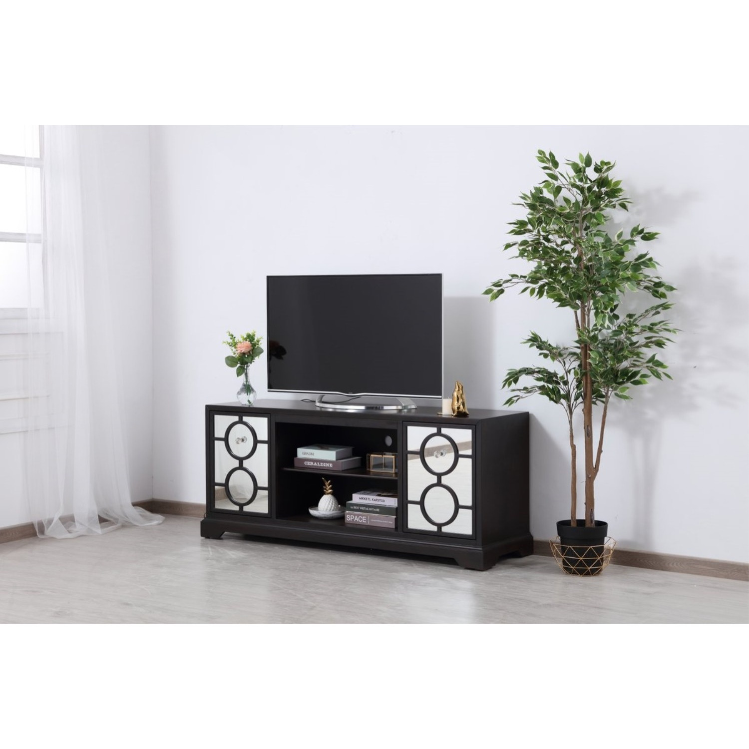 60 in. mirrored TV cabinet stand in dark walnut