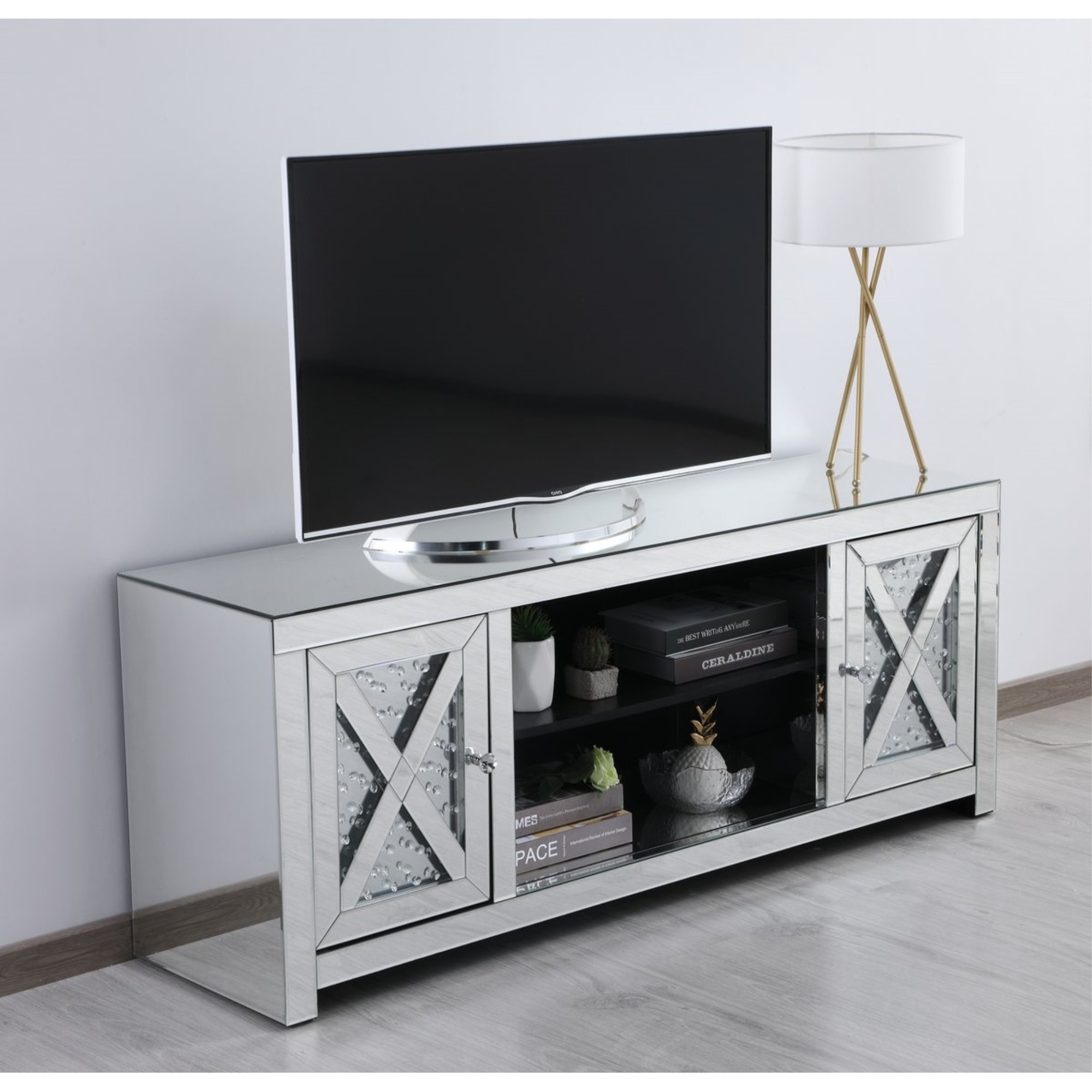 59 in. crystal mirrored TV stand