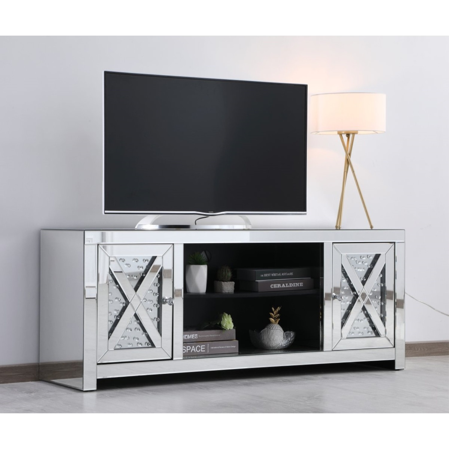 59 in. crystal mirrored TV stand