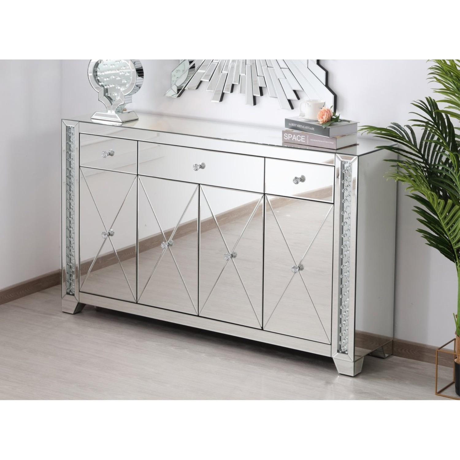 60 in clear crystal mirrored credenza