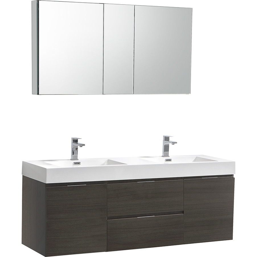 Fresca Valencia 60" Gray Oak Wall Hung Double Sink Modern Bathroom Vanity w/ Medicine Cabinet