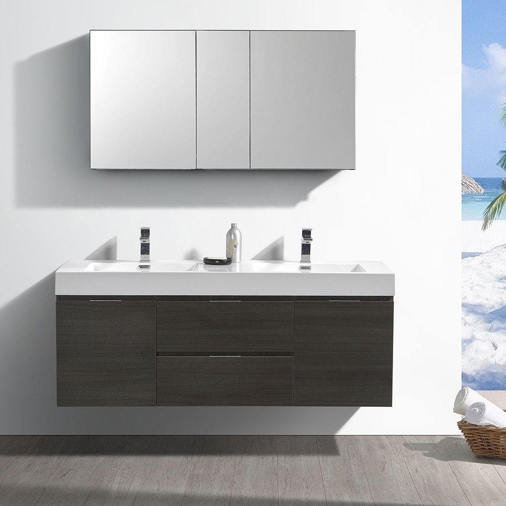 Fresca Valencia 60" Gray Oak Wall Hung Double Sink Modern Bathroom Vanity w/ Medicine Cabinet