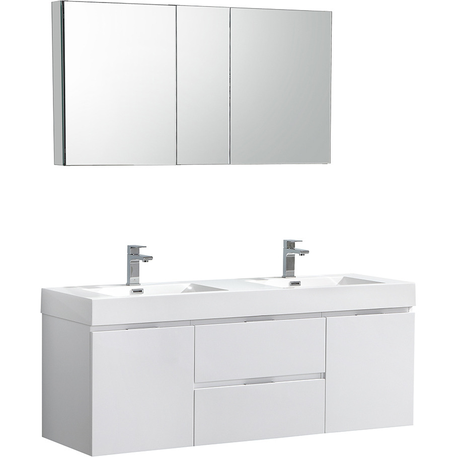 Fresca Valencia 60" Glossy White Wall Hung Double Sink Modern Bathroom Vanity w/ Medicine Cabinet