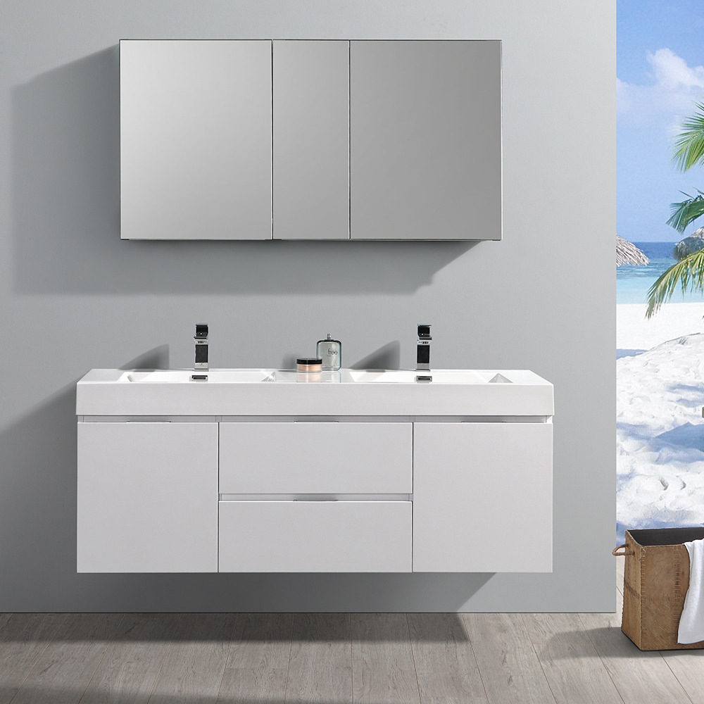 Fresca Valencia 60" Glossy White Wall Hung Double Sink Modern Bathroom Vanity w/ Medicine Cabinet