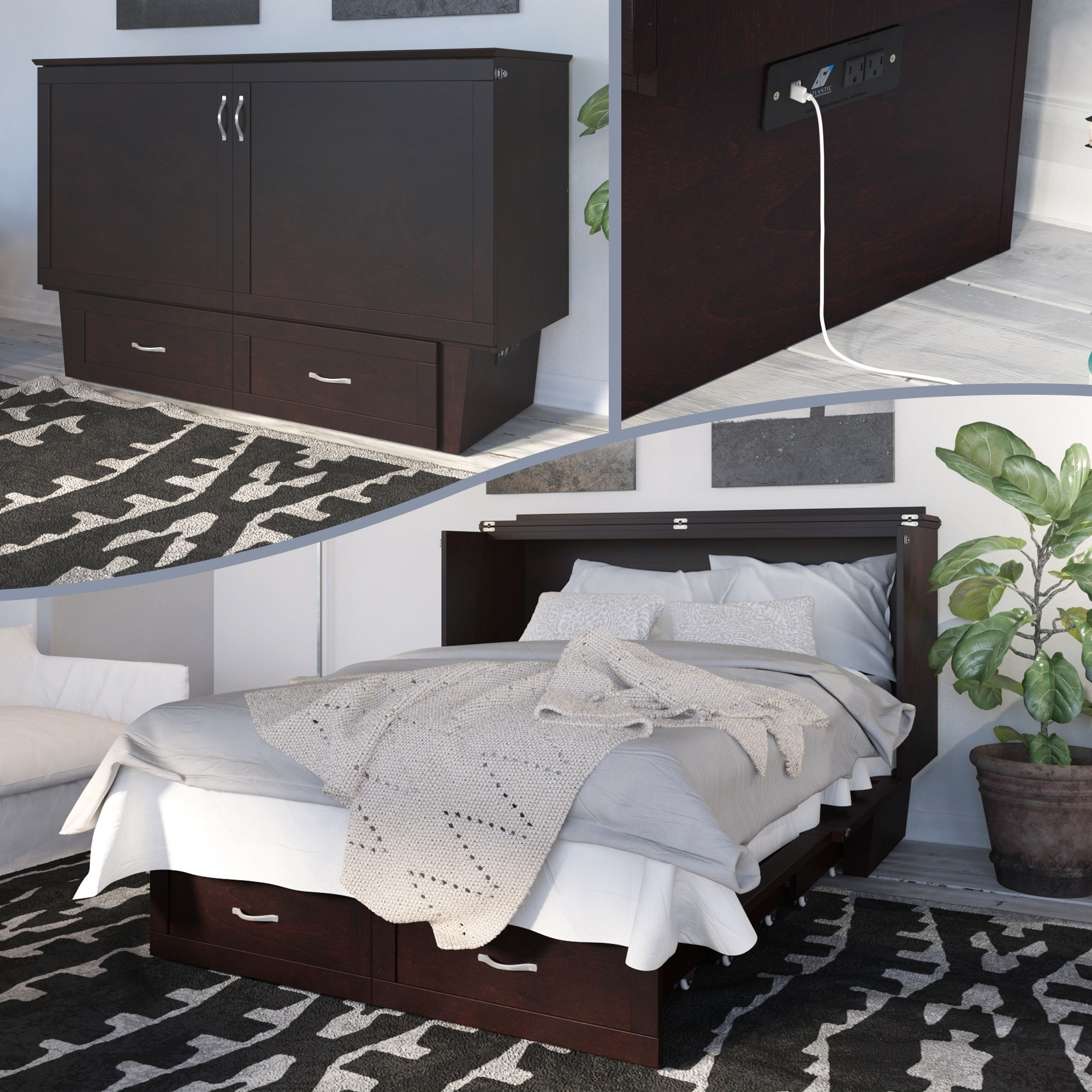 Monroe Murphy Bed Chest Queen Espresso with Charging Station and Mattress