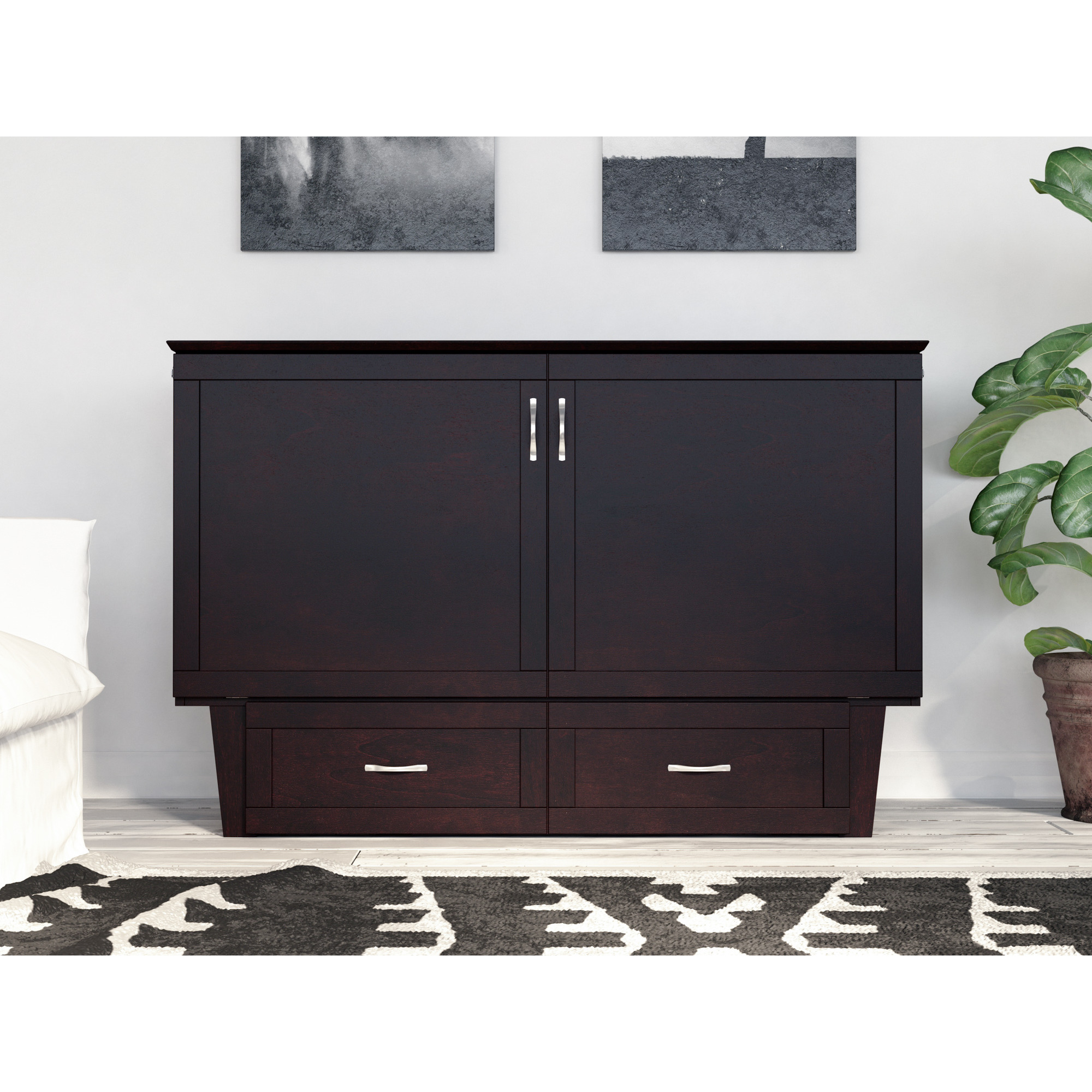 Monroe Murphy Bed Chest Queen Espresso with Charging Station and Mattress