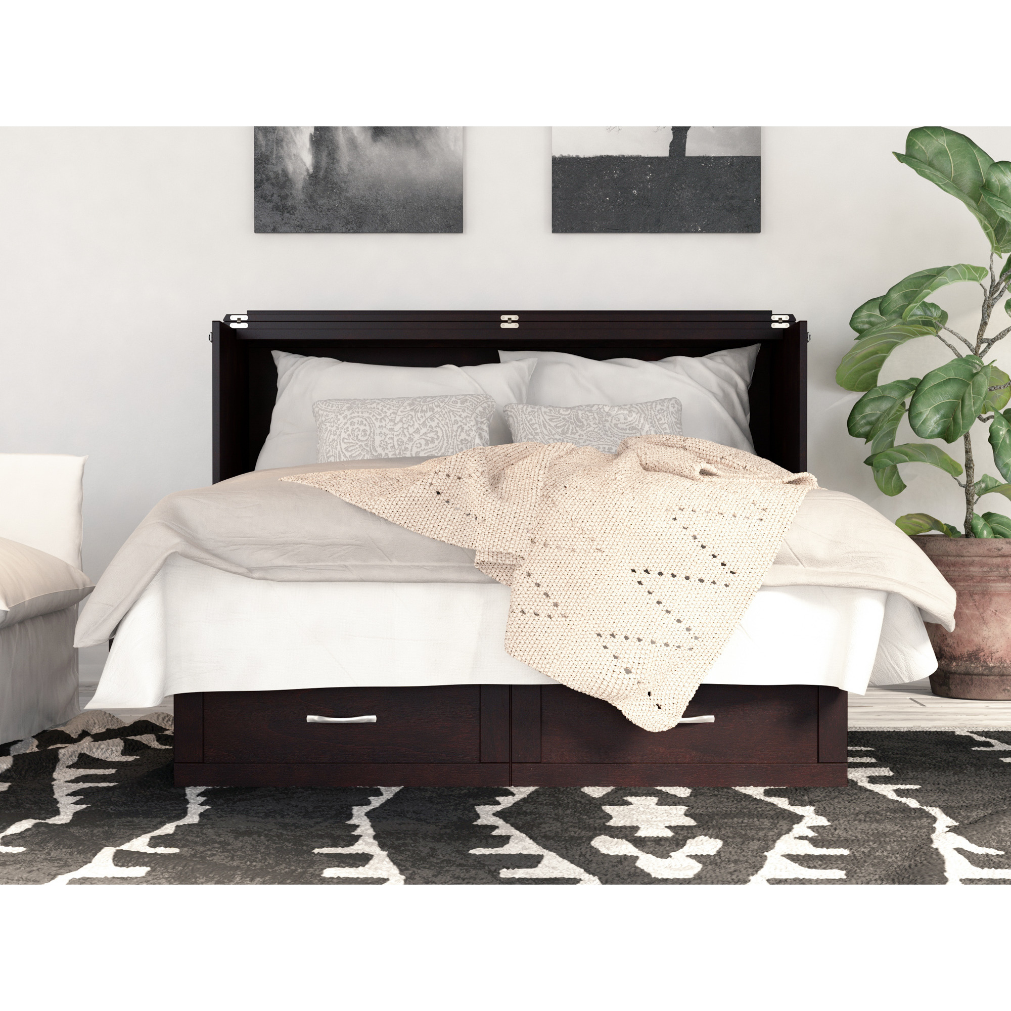 Monroe Murphy Bed Chest Queen Espresso with Charging Station and Mattress