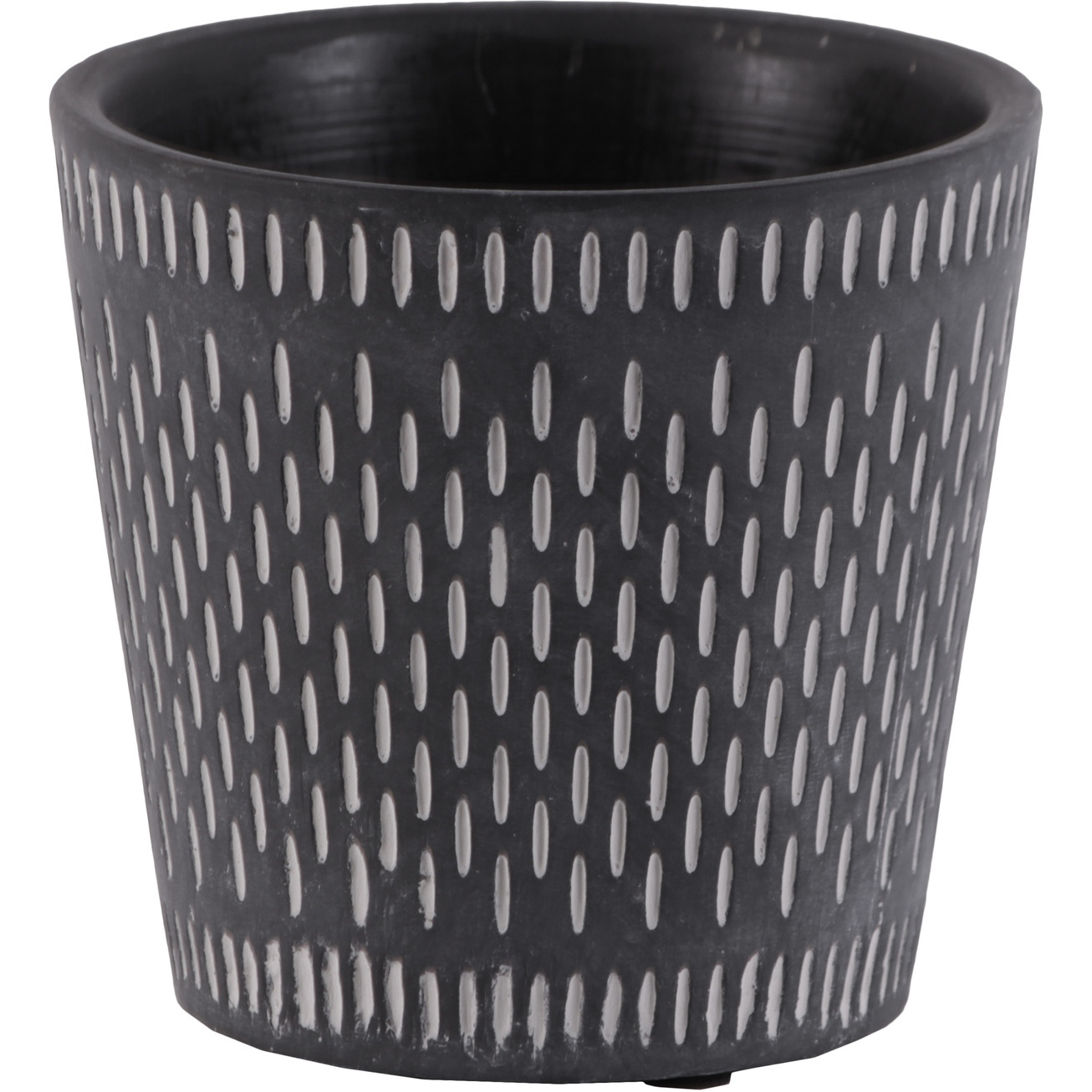 Cement Round Pot with Lattice Oblong Design Body and Tapered Bottom Washed Concrete Finish Black