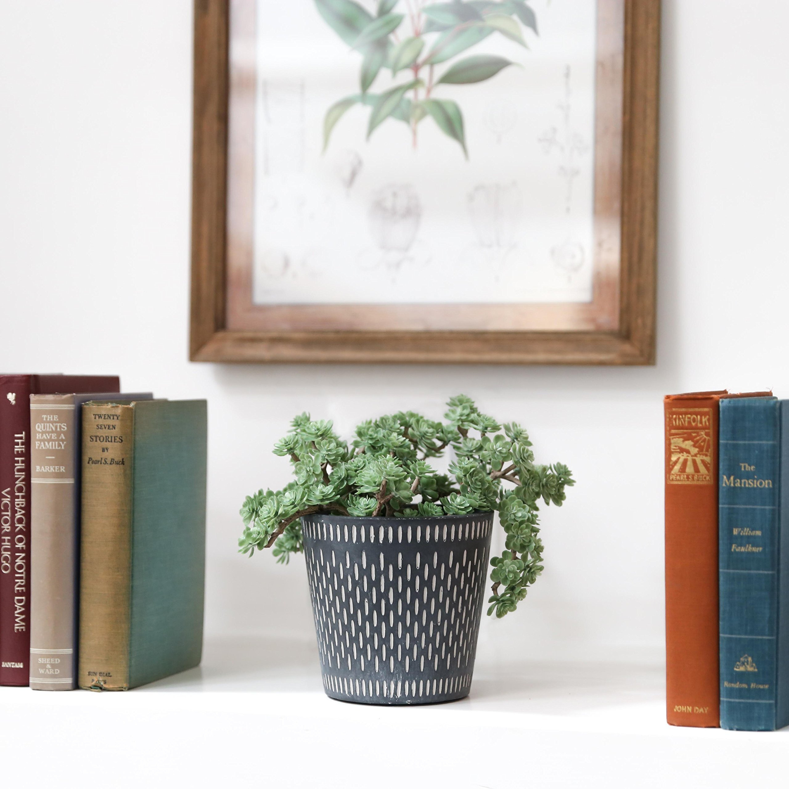 Cement Round Pot with Lattice Oblong Design Body and Tapered Bottom Washed Concrete Finish Black