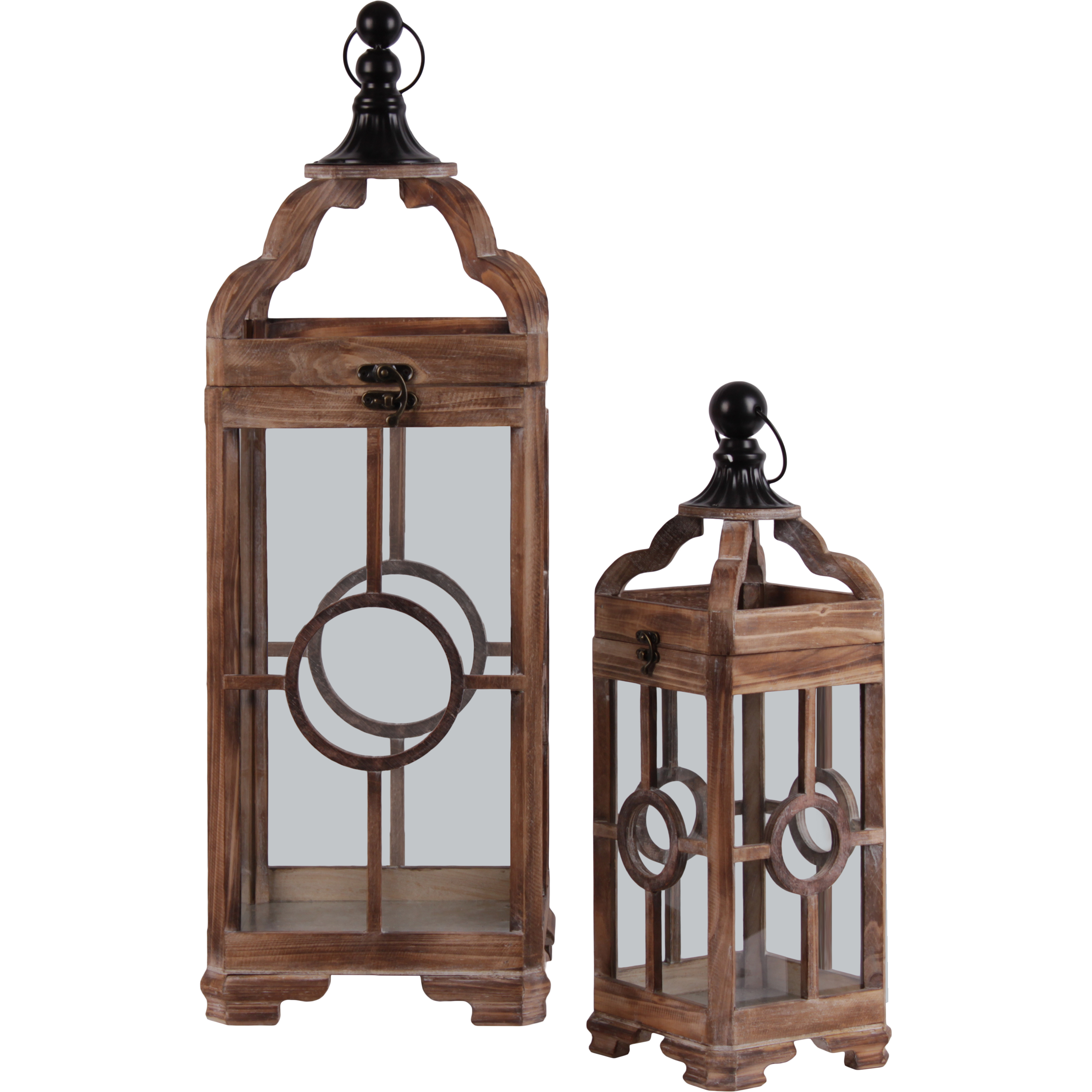 Wood Square Lantern with Metal Round Finial Top, Ring Handle and Circle in the Center Design Body Set of Two Natural Finish Brown