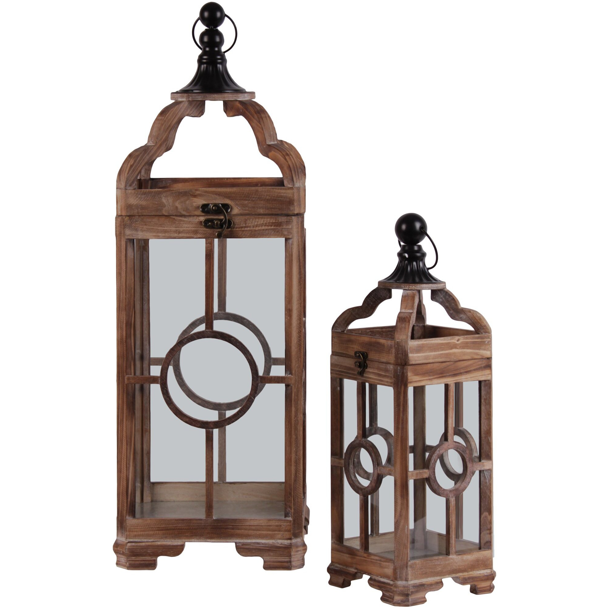 Wood Square Lantern with Metal Round Finial Top, Ring Handle and Circle in the Center Design Body Set of Two Natural Finish Brown