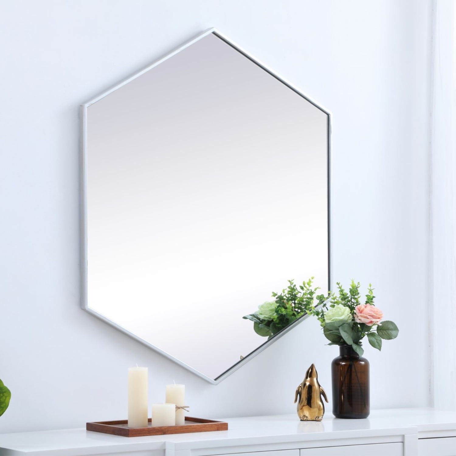 Metal frame hexagon mirror 38 inch in Sliver