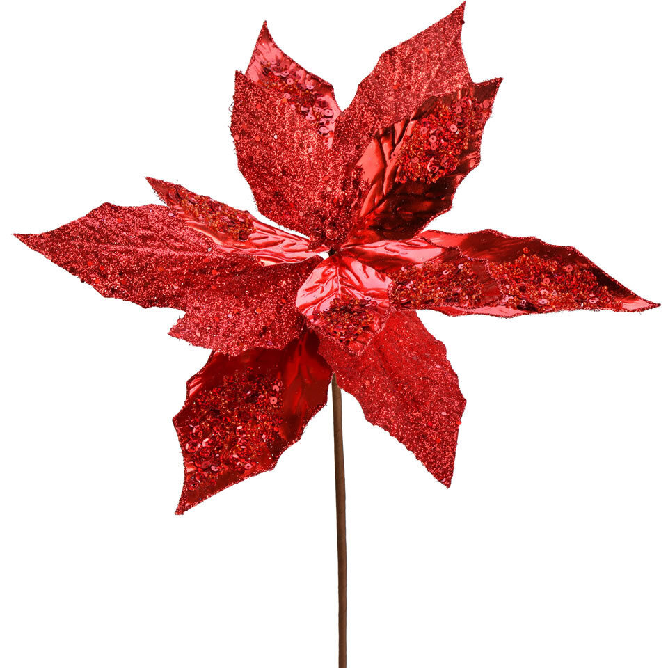 Vickerman 13" Red Poinsettia Sequin Spray 6/Bag - QG191103