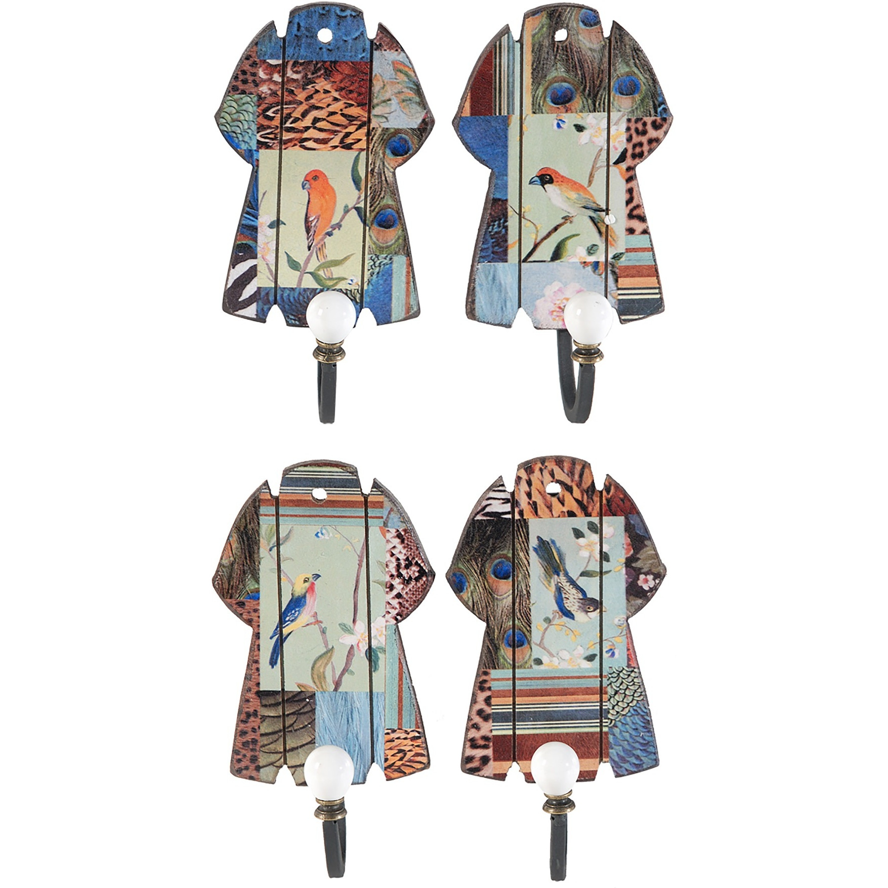 Exotic Bird Print Wall Dcor with Metal Hooks, Set of 4, Multicolor