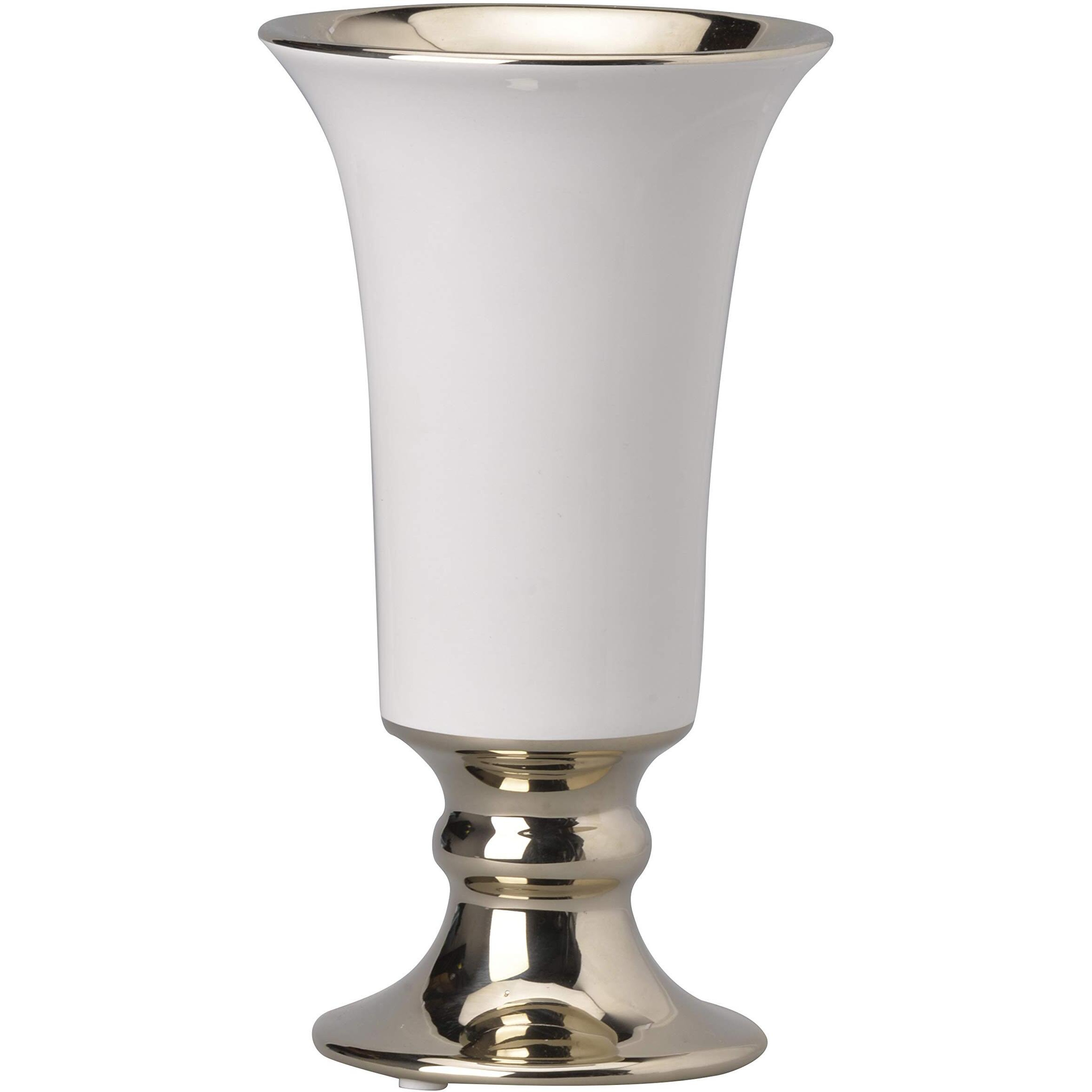 Ceramic Vase with Flared Top and Pedestal Base, Medium, White and Gold